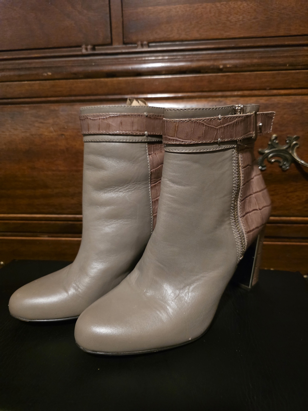 Ann Taylor Taupe Leather Ankle Boots with Croc-Trim